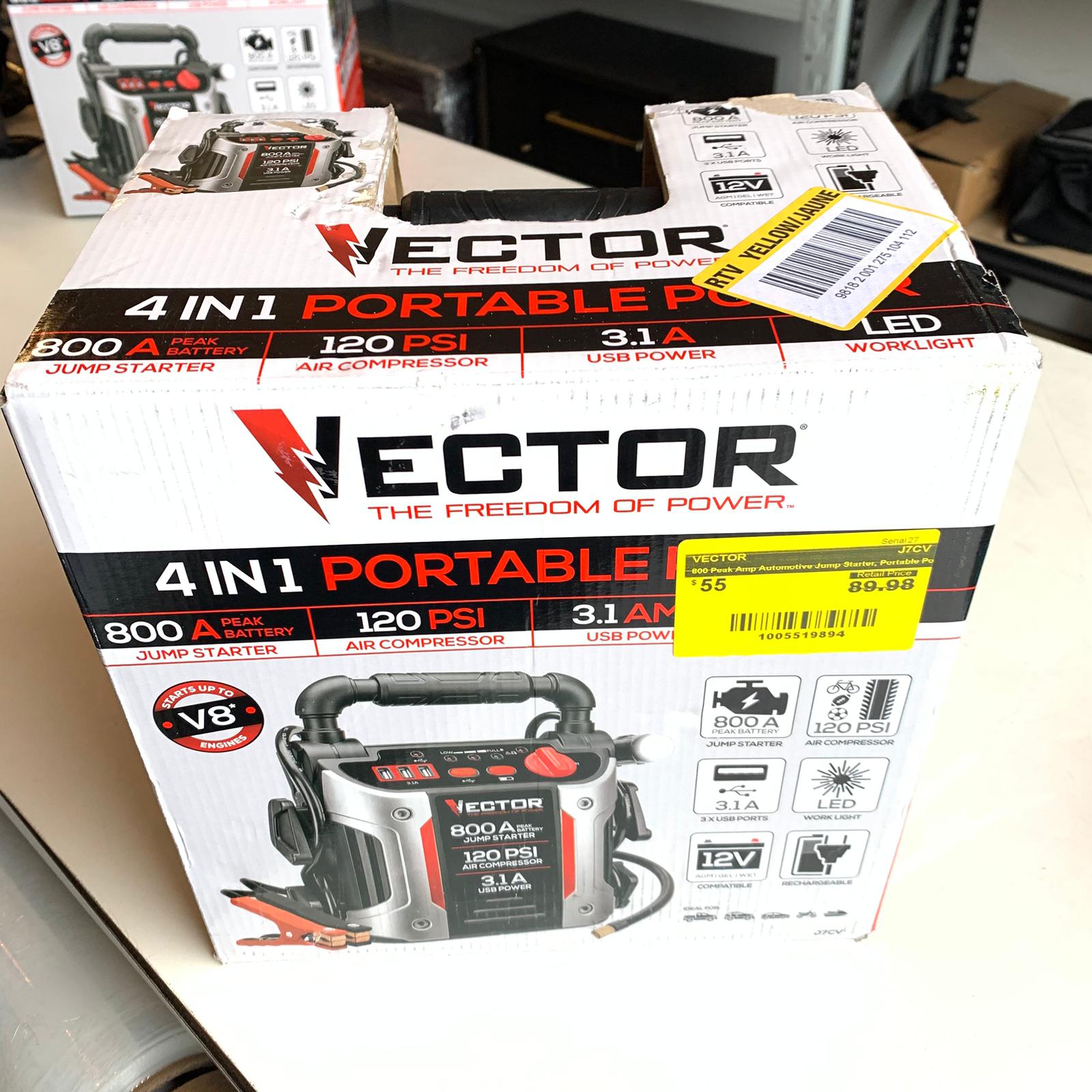 800 Peak Amp Automotive Jump Starter, Portable Power - Triple 15W USB Ports, 120 PSI Air Compressor (J7CV) 800 Peak Amp Automotive Jump Starter, Portable Power - Triple 15W USB Ports, 120 PSI Air Compressor (J7CV)